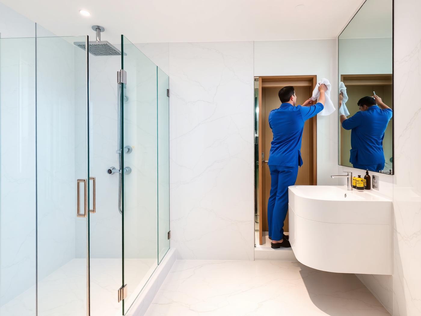 Luxury marble bathroom being professionally cleaned