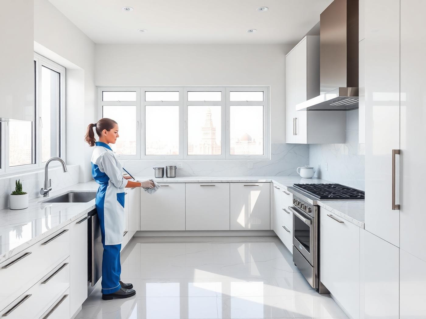 Professional deep cleaning of a luxury modern kitchen