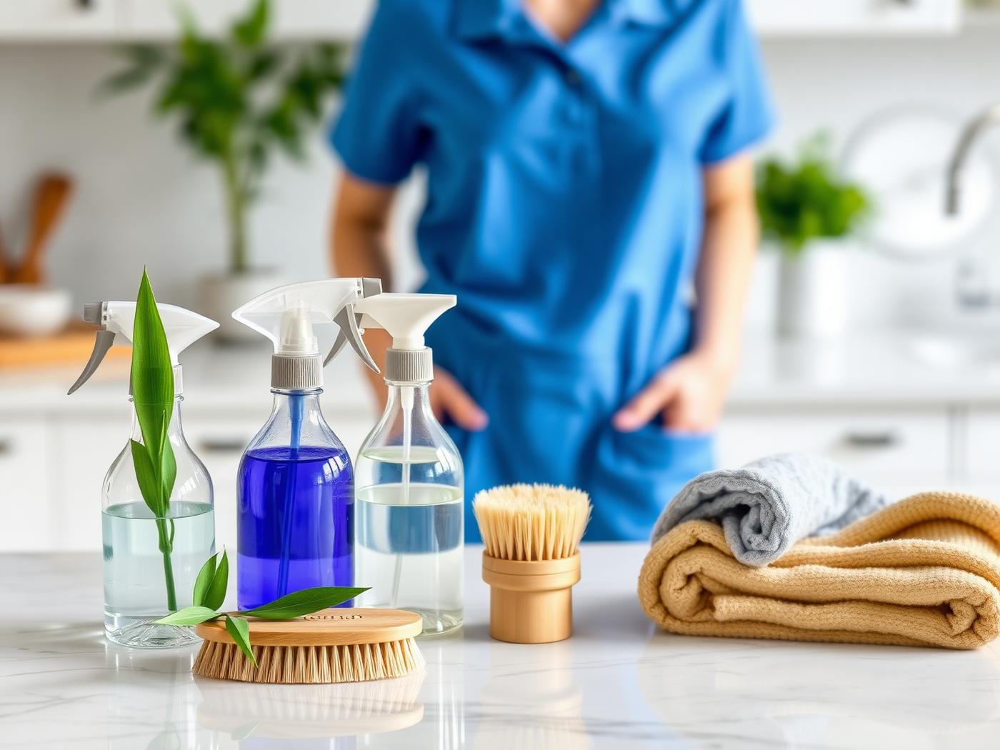 Eco-friendly cleaning products on a marble countertop