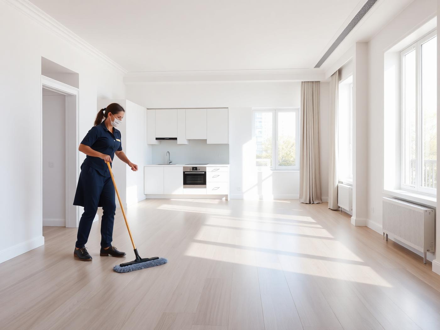 Empty luxury apartment being cleaned before move-in